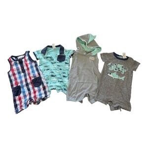 Little Lad & Cat & Jack Romper Bundle Baby Boy 12M Shark Plaid Coastal 4pc Lot